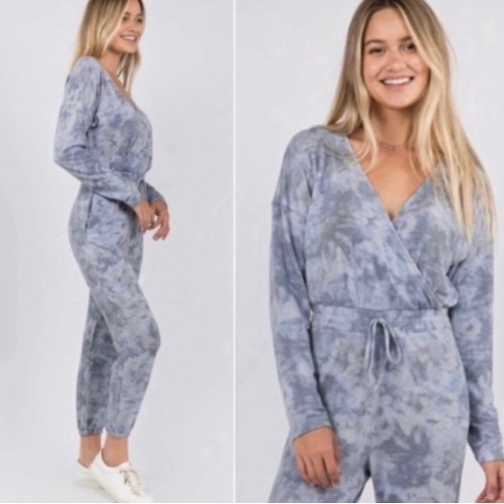 Dusty Blue French Terry Long Sleeve Jumpsuit - USA Made